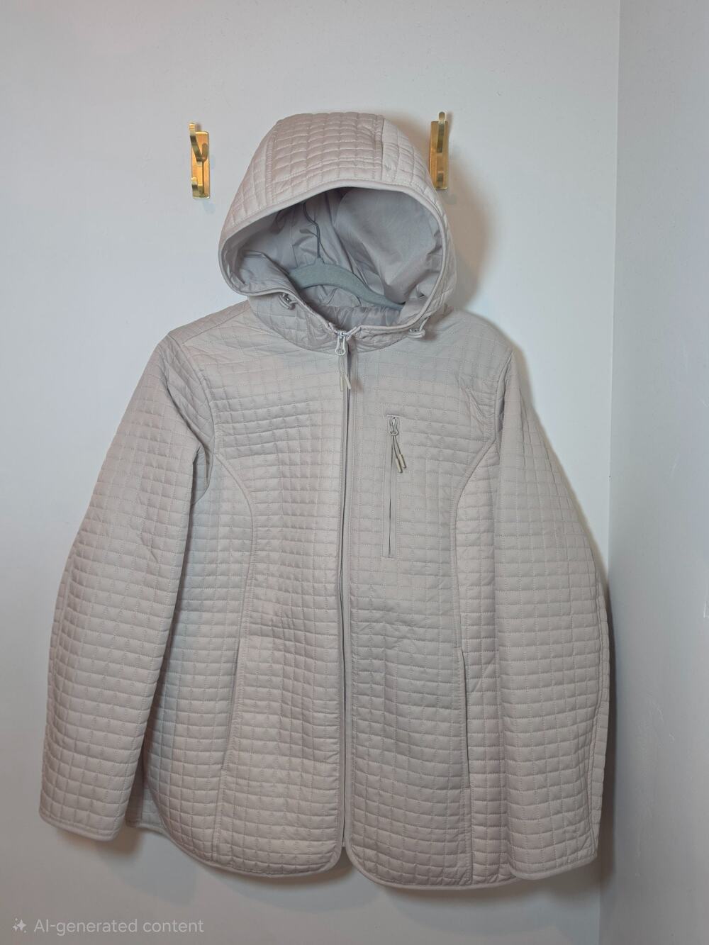 Lands End Hooded Puffer Jacket Womens M Ice Tan Lightweight Quilted Coat